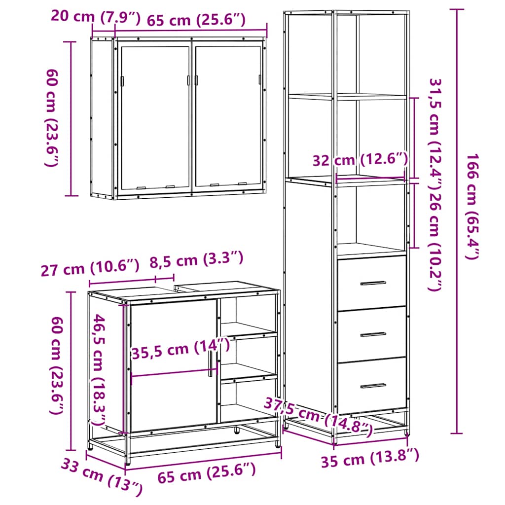 vidaXL 3-delige Badkamermeubelset bewerkt hout bruin eikenkleur - Aashly