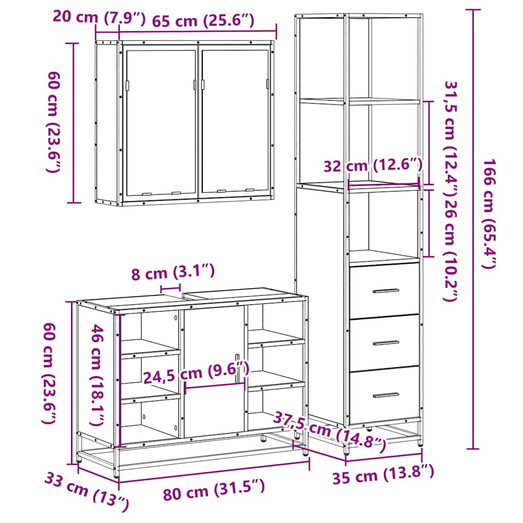vidaXL 3-delige Badkamermeubelset bewerkt hout bruin eikenkleur - Aashly