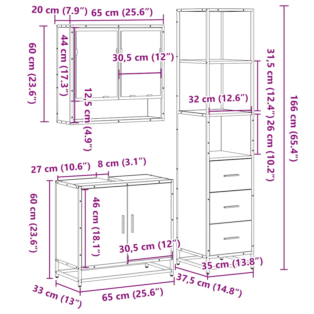 vidaXL 3-delige Badkamermeubelset bewerkt hout sonoma eikenkleurig - Aashly