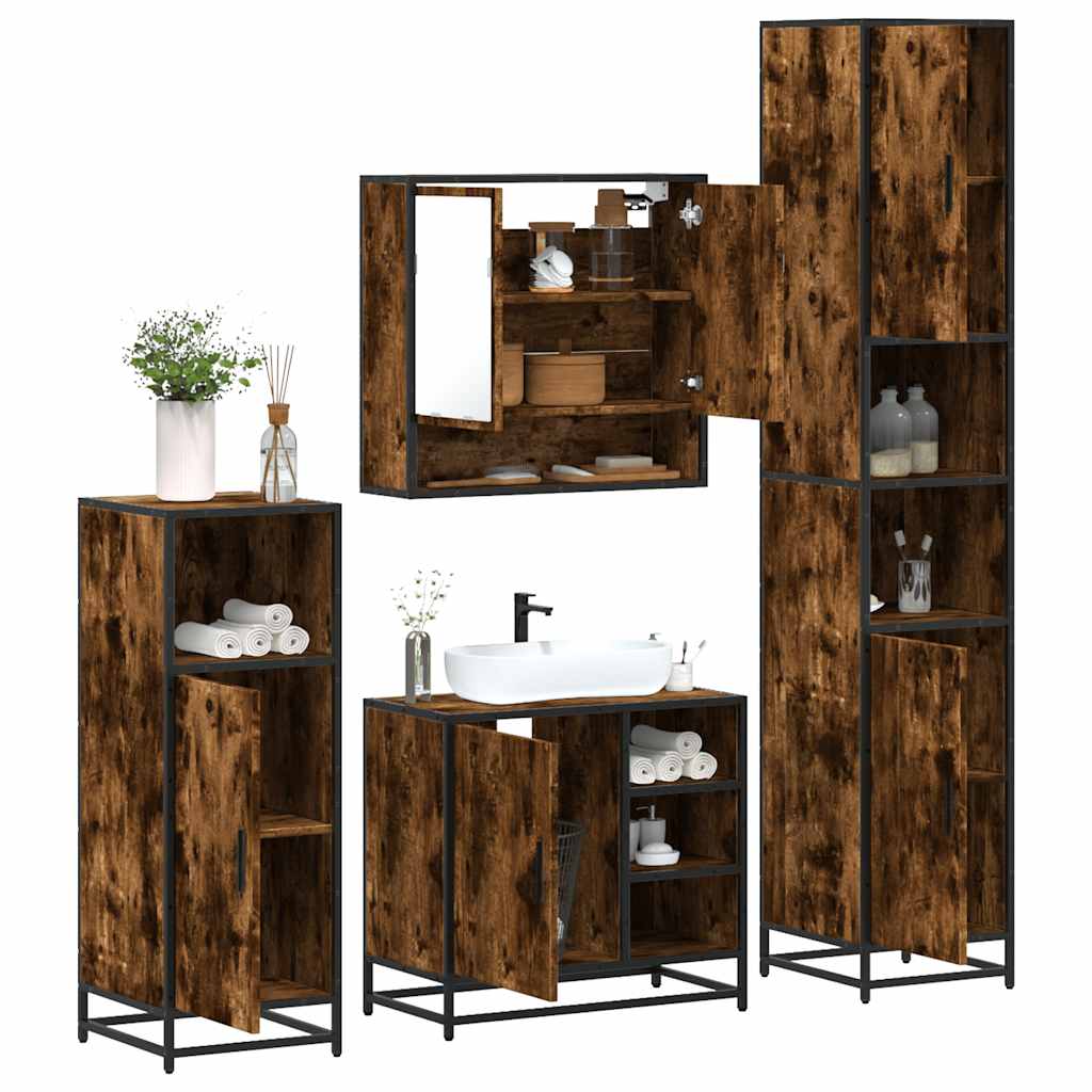 vidaXL 4-delige Badkamermeubelset bewerkt hout grijs sonoma eikenkleur - Aashly