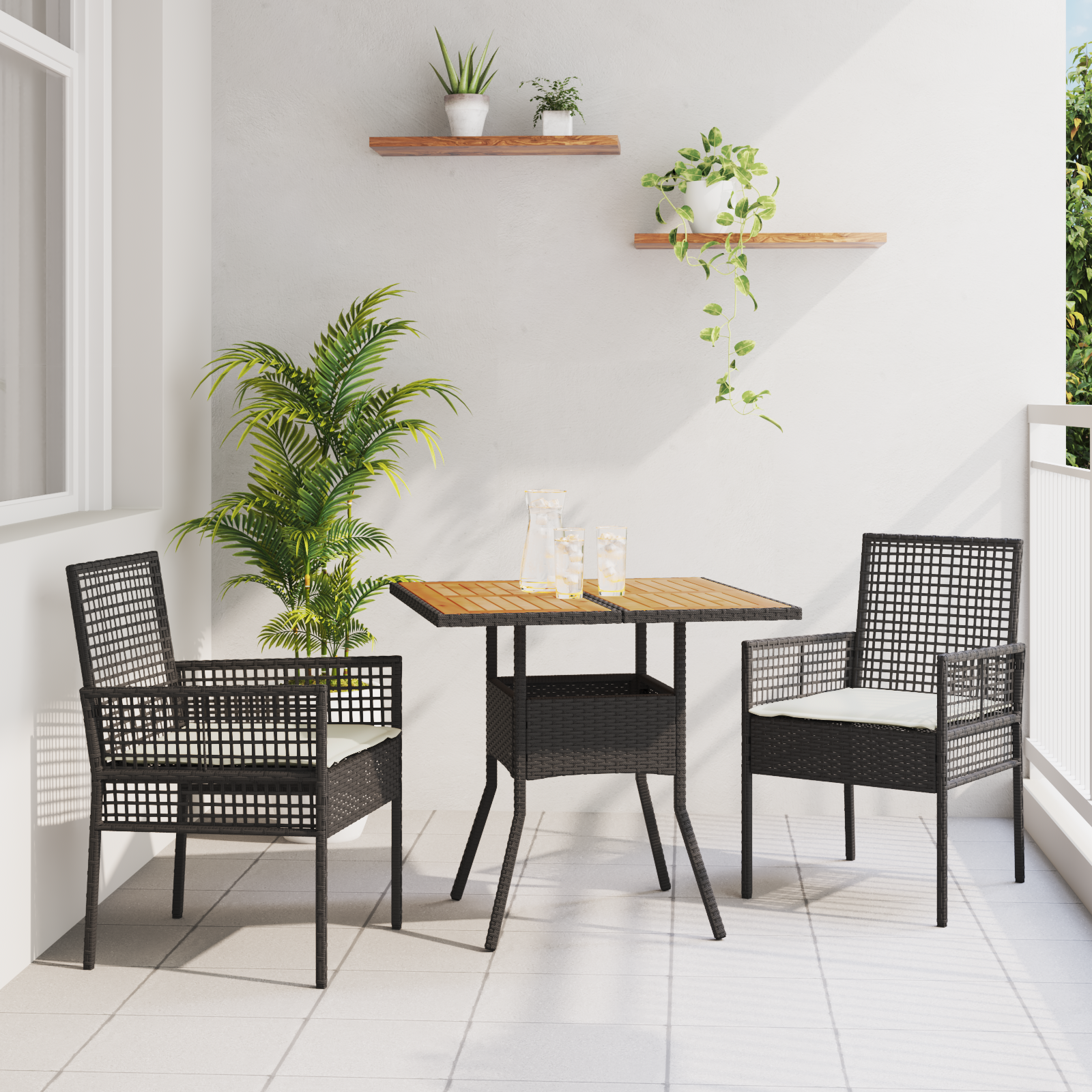 vidaXL 3-Delige Tuin Eetset met Kussens Zwart Poly Rattan