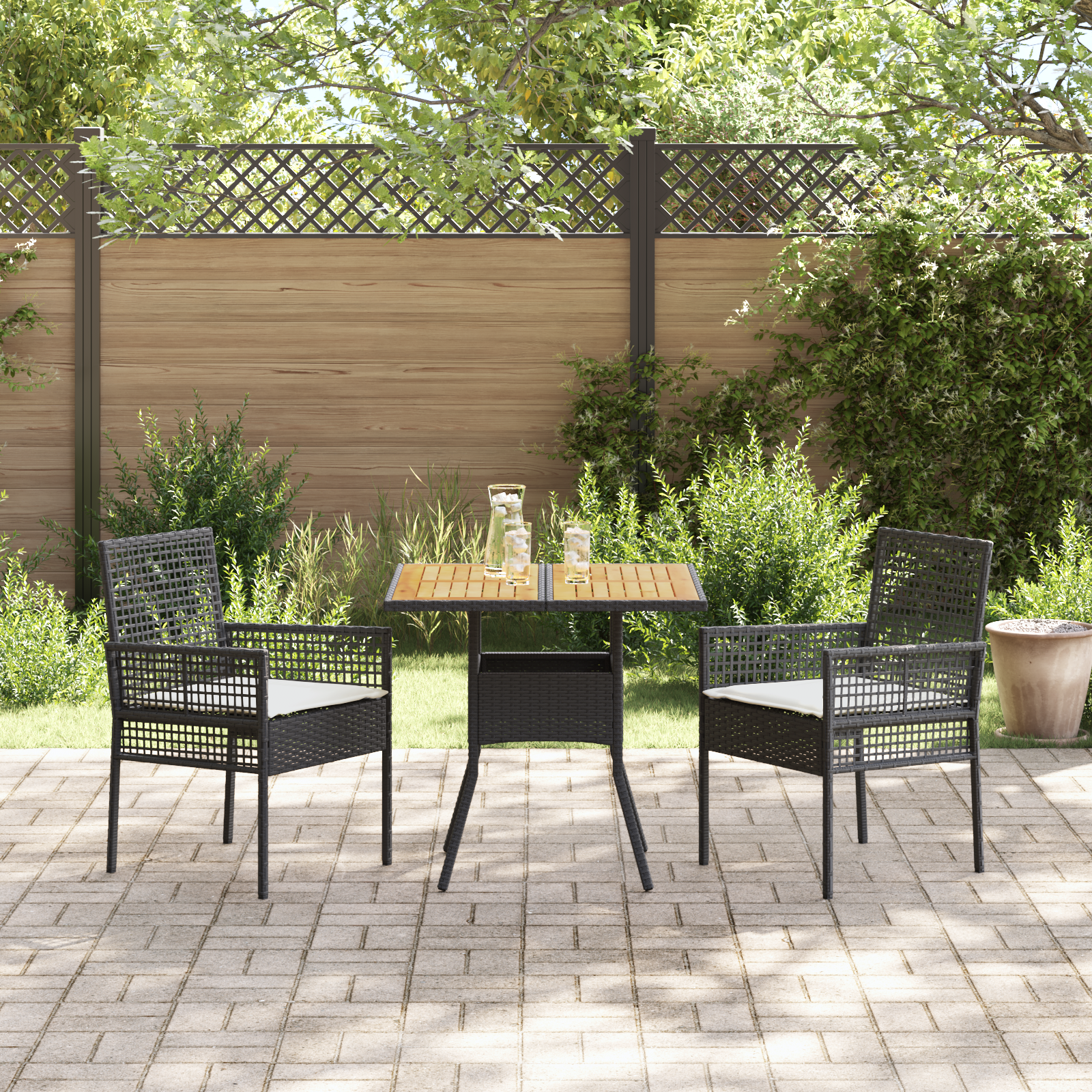 vidaXL 3-Delige Tuin Eetset met Kussens Zwart Poly Rattan