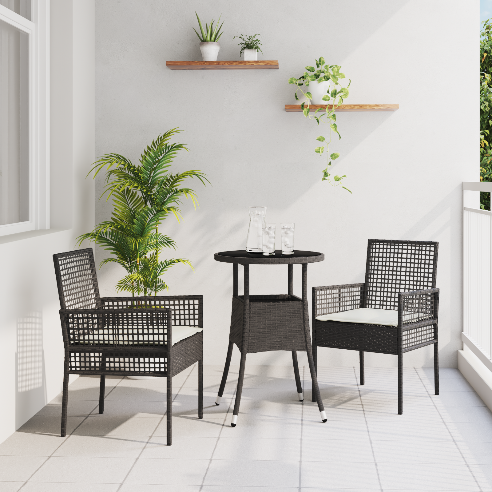 vidaXL 3 Delige Tuin Eettafel Set Zwart Poly Rattan