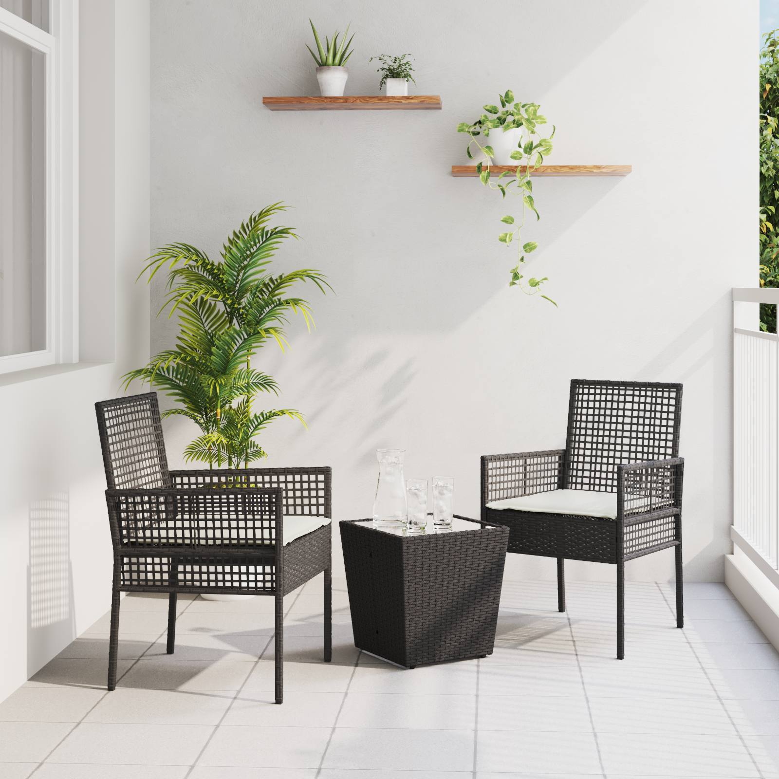 vidaXL 3-delige Tuinbistroset met kussens poly rattan zwart