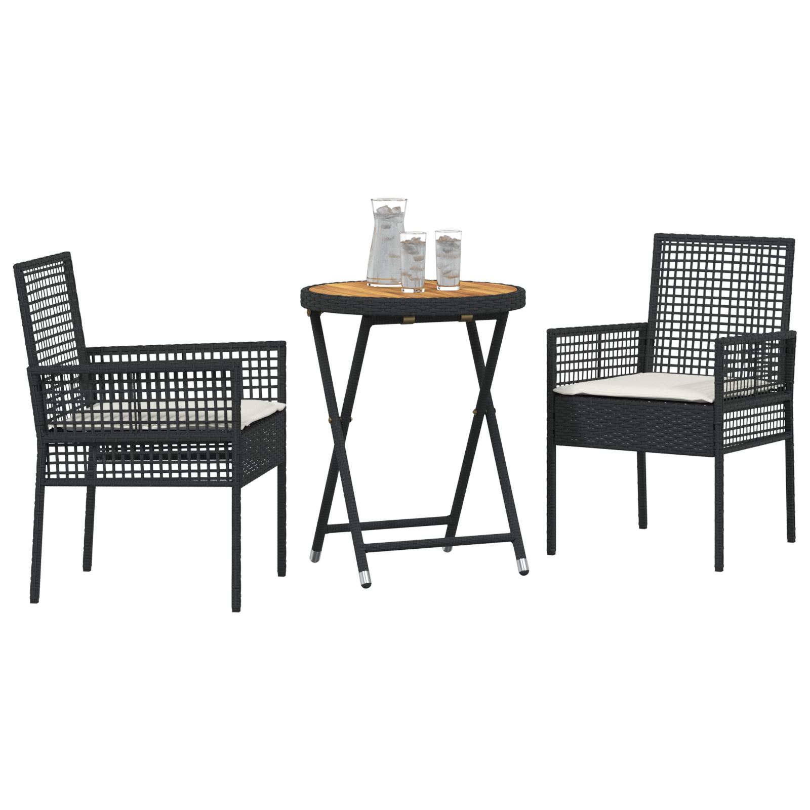 vidaXL 3-delige Bistroset voor in de tuin met kussens Zwart Poly Rattan
