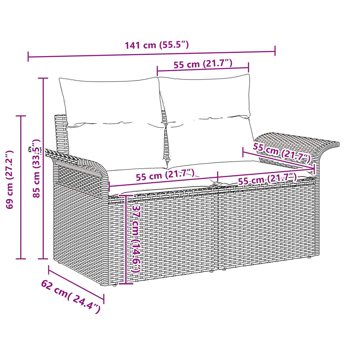 vidaXL Bankstel met kussen 3 pcs Zwart en Blauw poly rattan