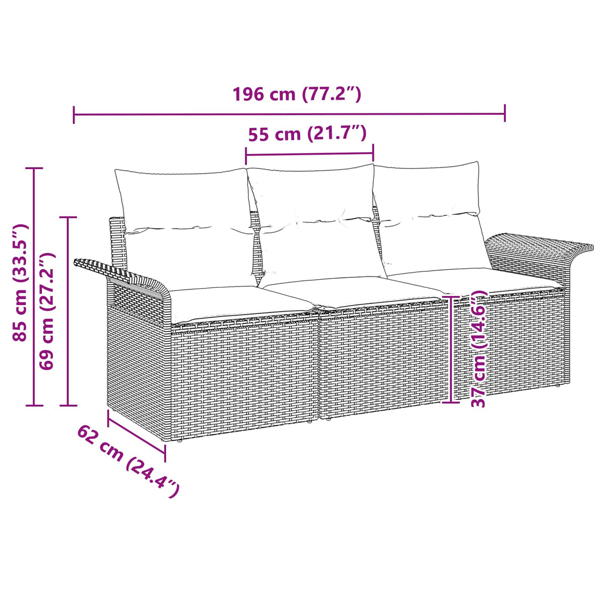 vidaXL Bankstel met kussen 3 pcs Zwart en Blauw poly rattan