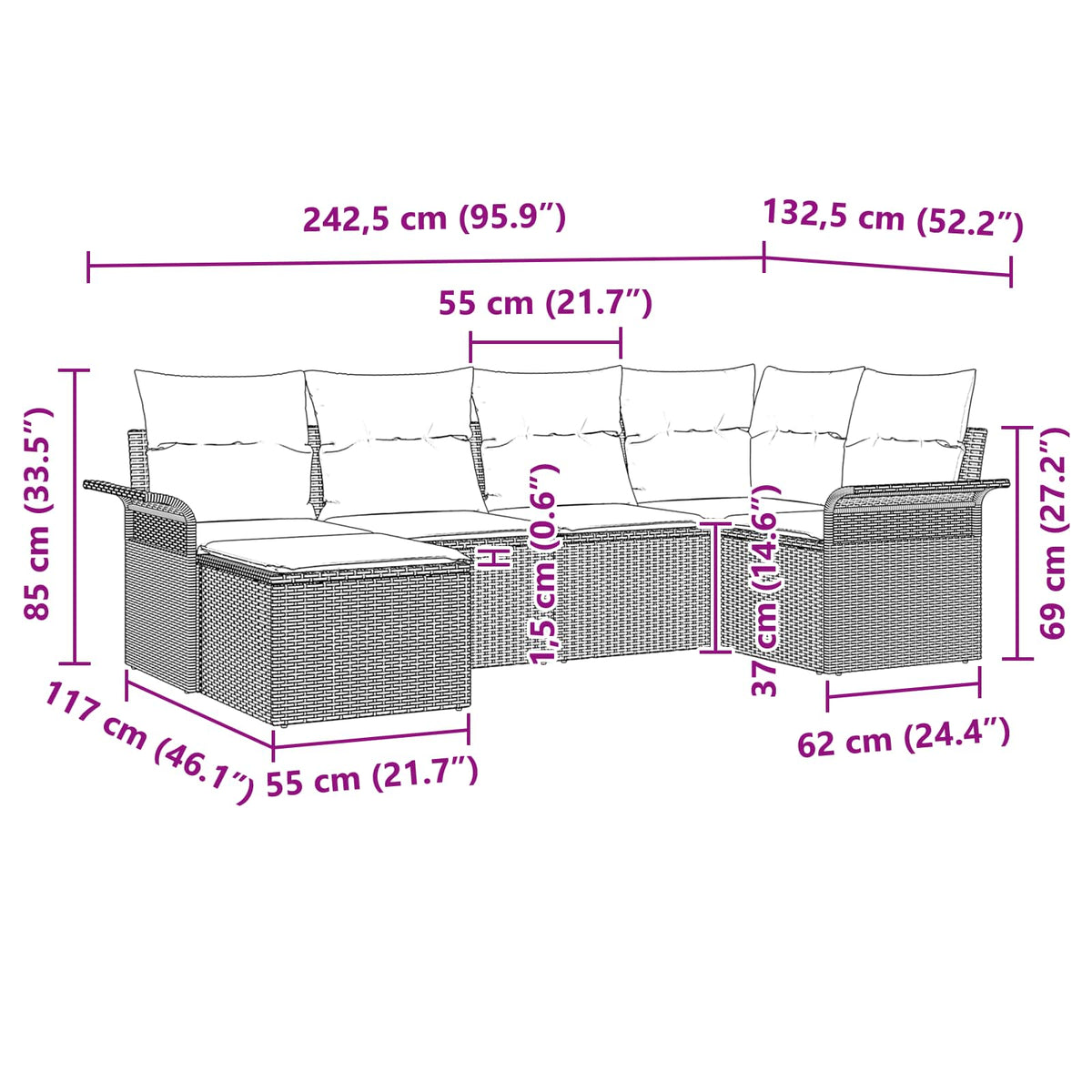 vidaXL Tuin Sofa Set met kussen 6 pcs Zwart poly rattan