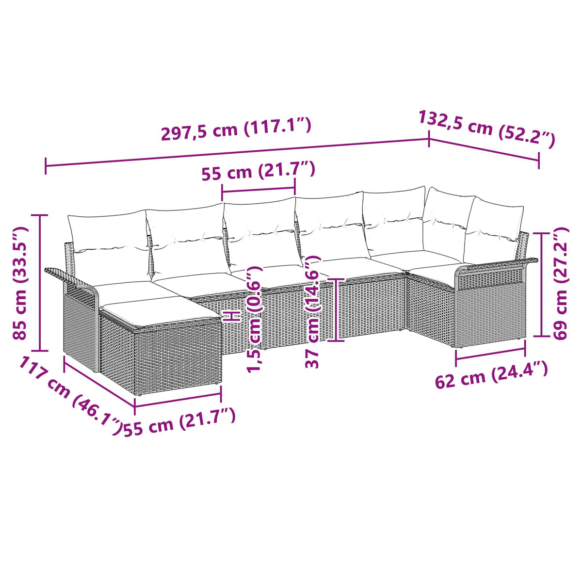 vidaXL Tuin Sofa Set met kussen 8 pcs Zwart Poly riet