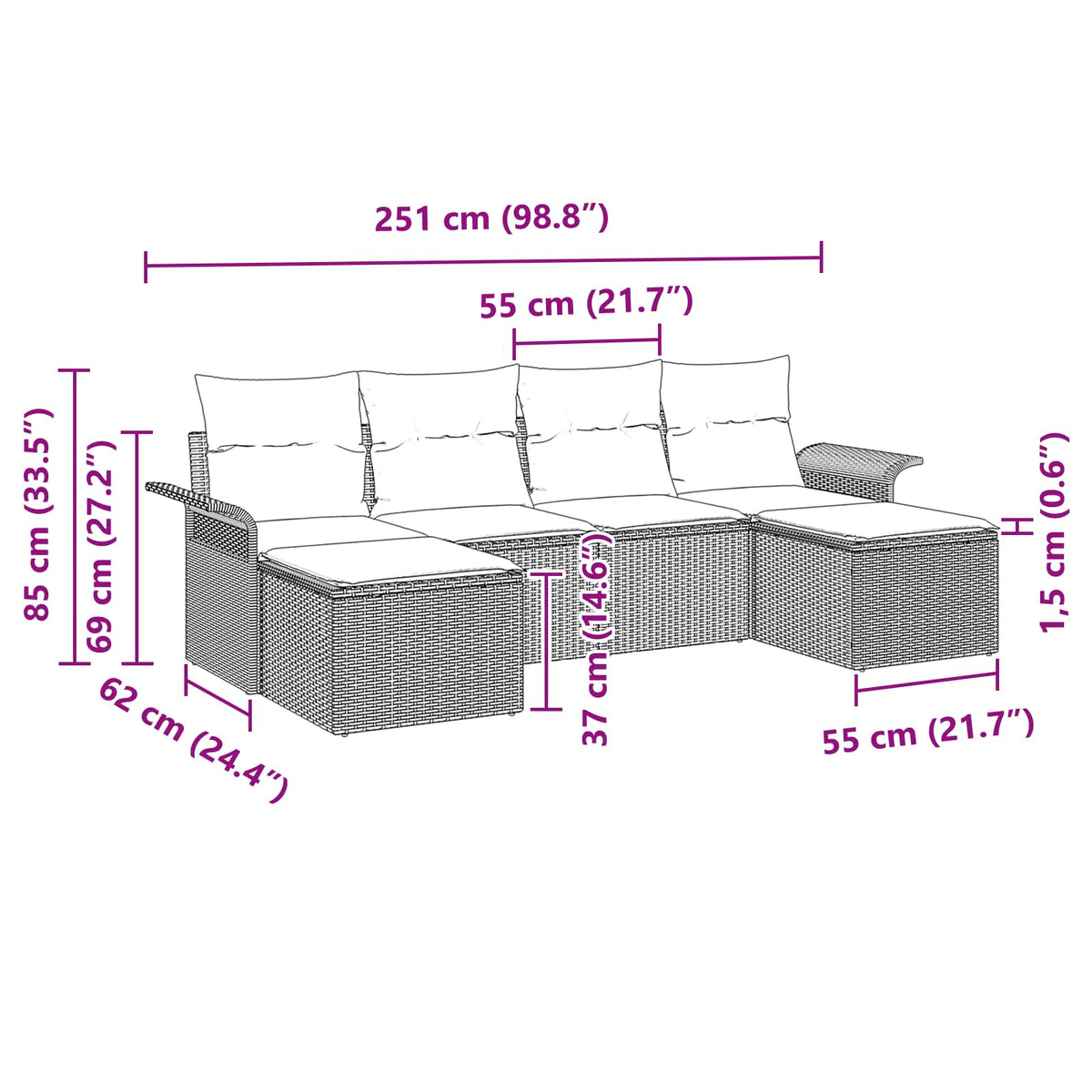vidaXL Tuin Sofa Set met kussen 6 pcs Zwart poly rattan