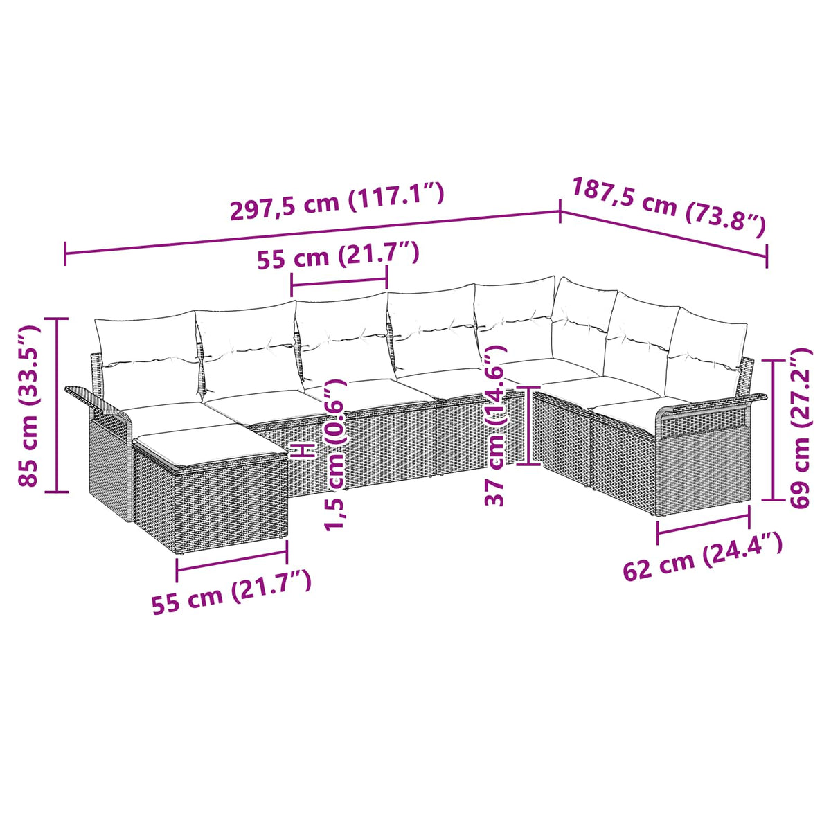 vidaXL Tuin Sofa Set met kussen 9 pcs Zwart poly rattan