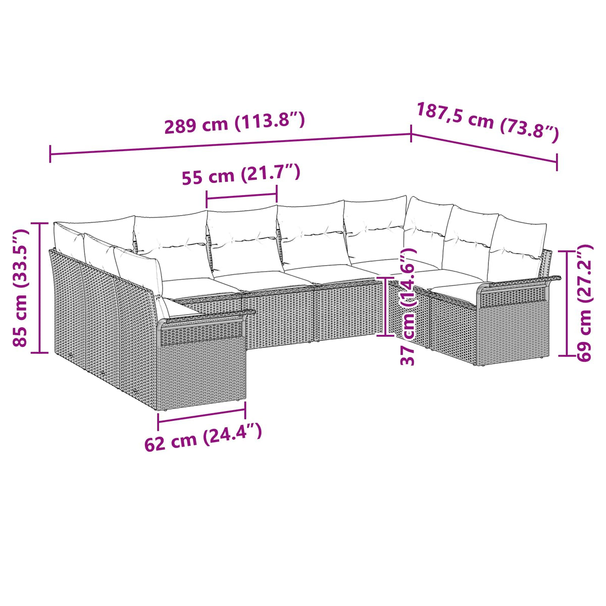 vidaXL Tuin Sofa Set met kussen 9 pcs Zwart poly rattan