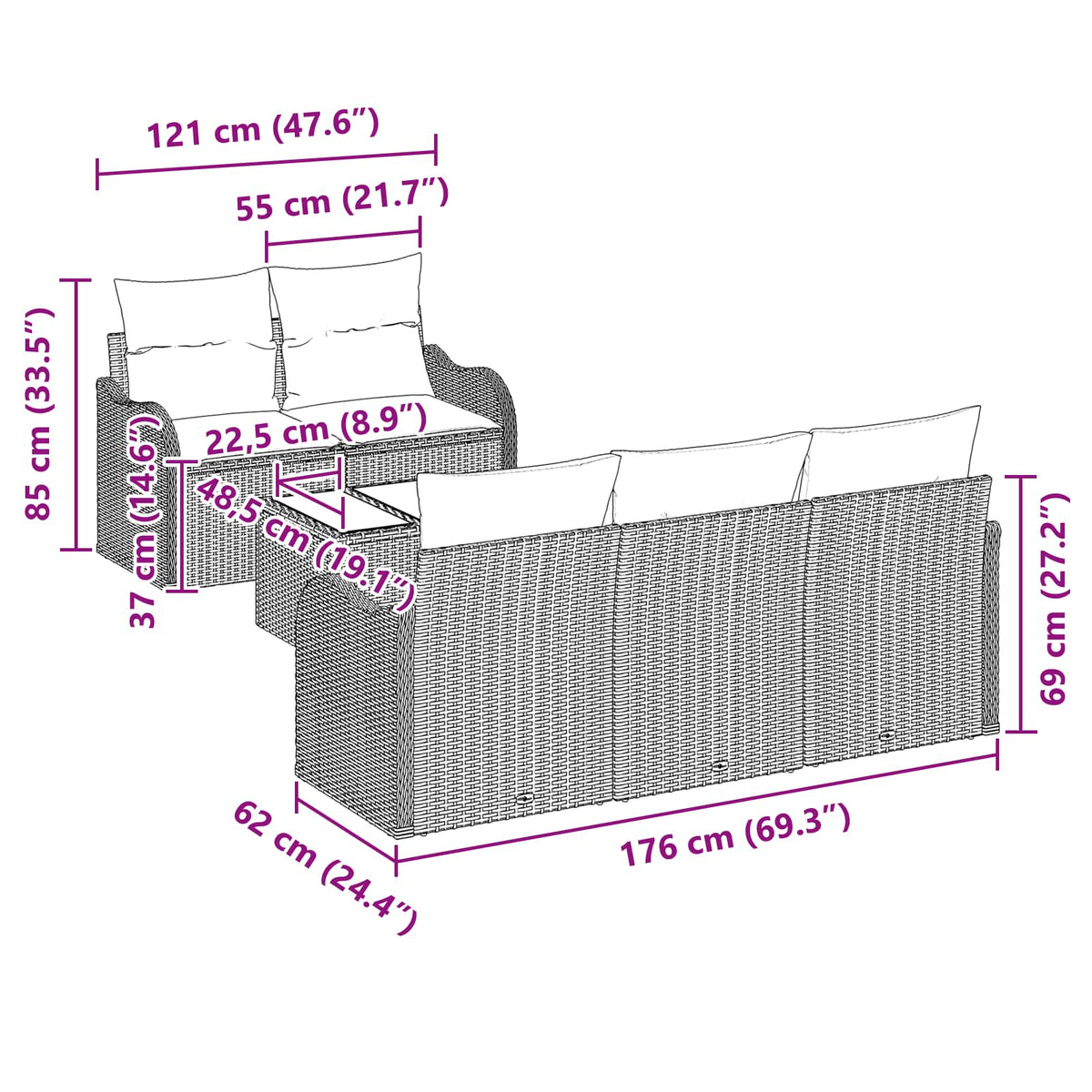 vidaXL Tuin Sofa Set Grijs 55 x 55 x 37 cm poly rattan