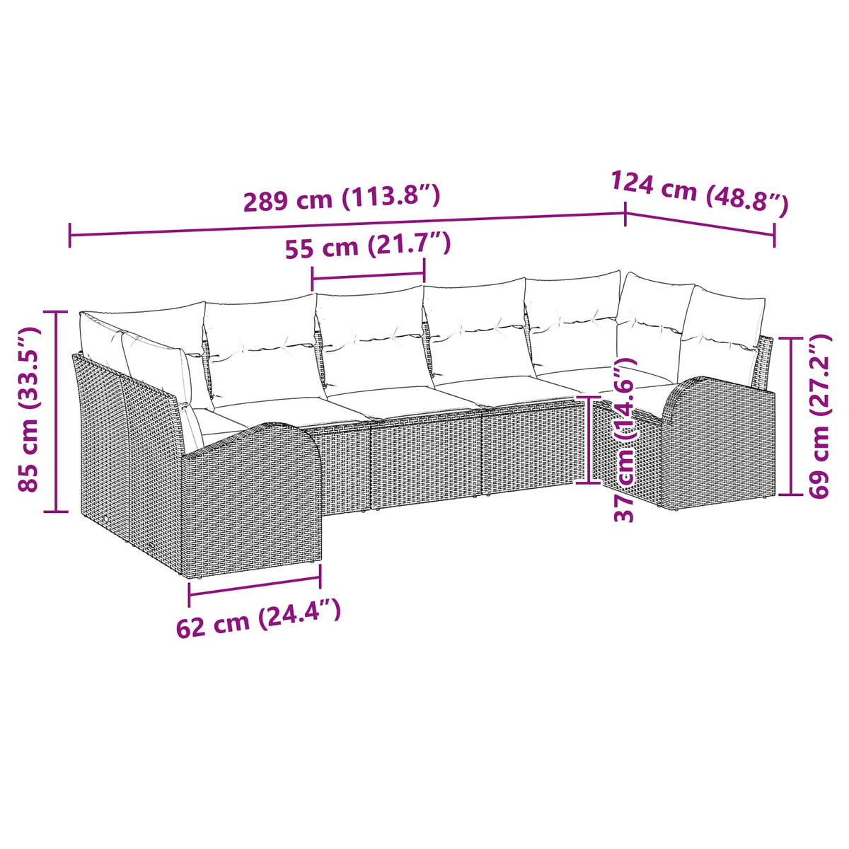 vidaXL Tuin Sofa Set met kussen 7 pcs Bruin Poly Rattan