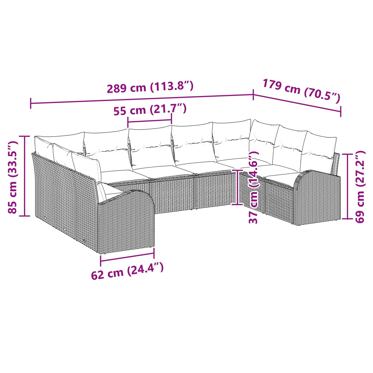 vidaXL Bankstel met kussen Bruin Poly Rattan