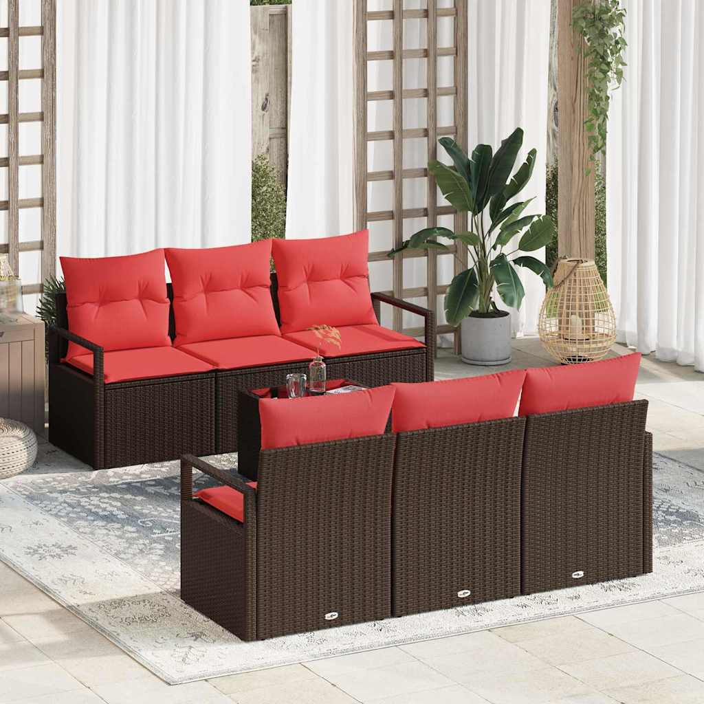 vidaXL Bankstel met kussen 7 pcs Bruin en Rood poly rattan