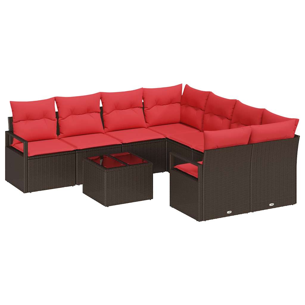 vidaXL Bankstel met kussen 9 pcs Bruin en Rood poly rattan