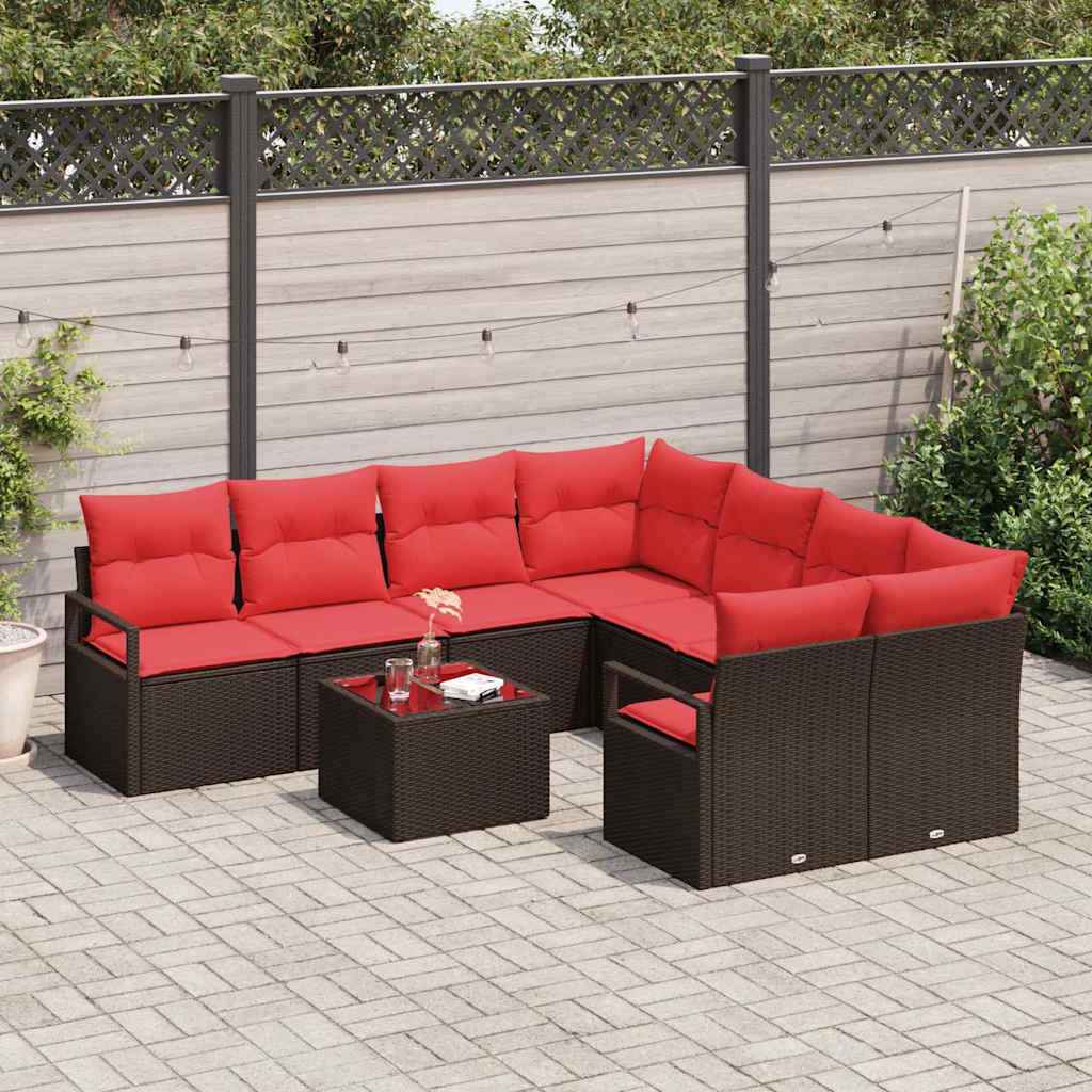 vidaXL Bankstel met kussen 9 pcs Bruin en Rood poly rattan