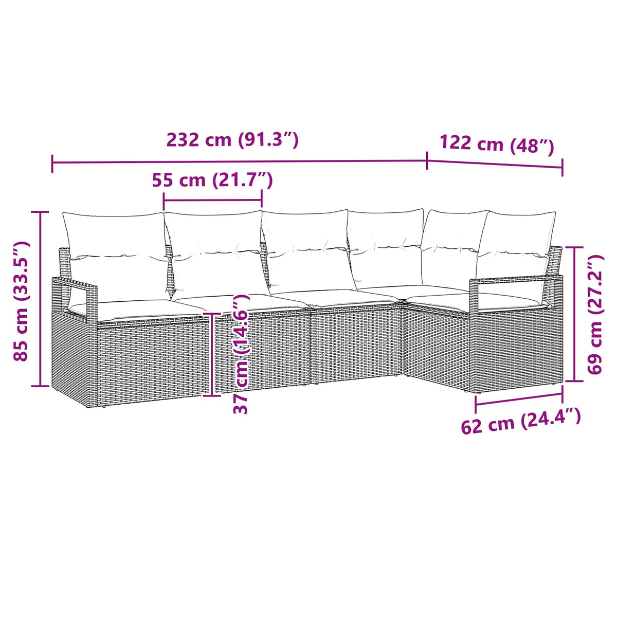 vidaXL Bankstel 5 pcs Bruin poly rattan