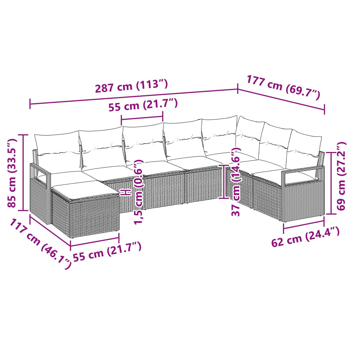 vidaXL Bankstel met kussen 8 pcs Bruin poly rattan