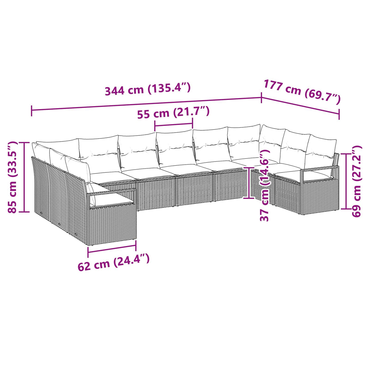vidaXL Bankstel met kussen 10 pcs Bruin poly rattan