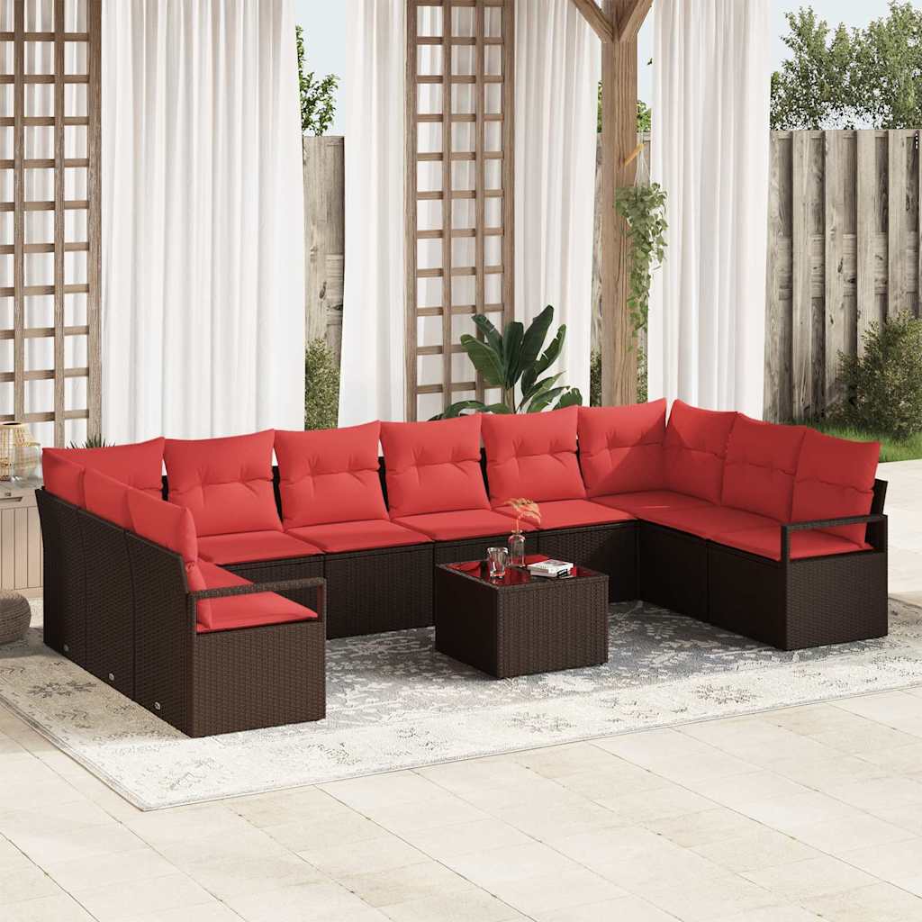 vidaXL Bankstel met kussen 10 pcs Bruin poly rattan