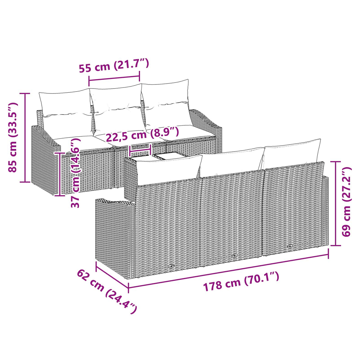 vidaXL Bankstel met kussen 7 pcs Zwart en Turquoise poly rattan