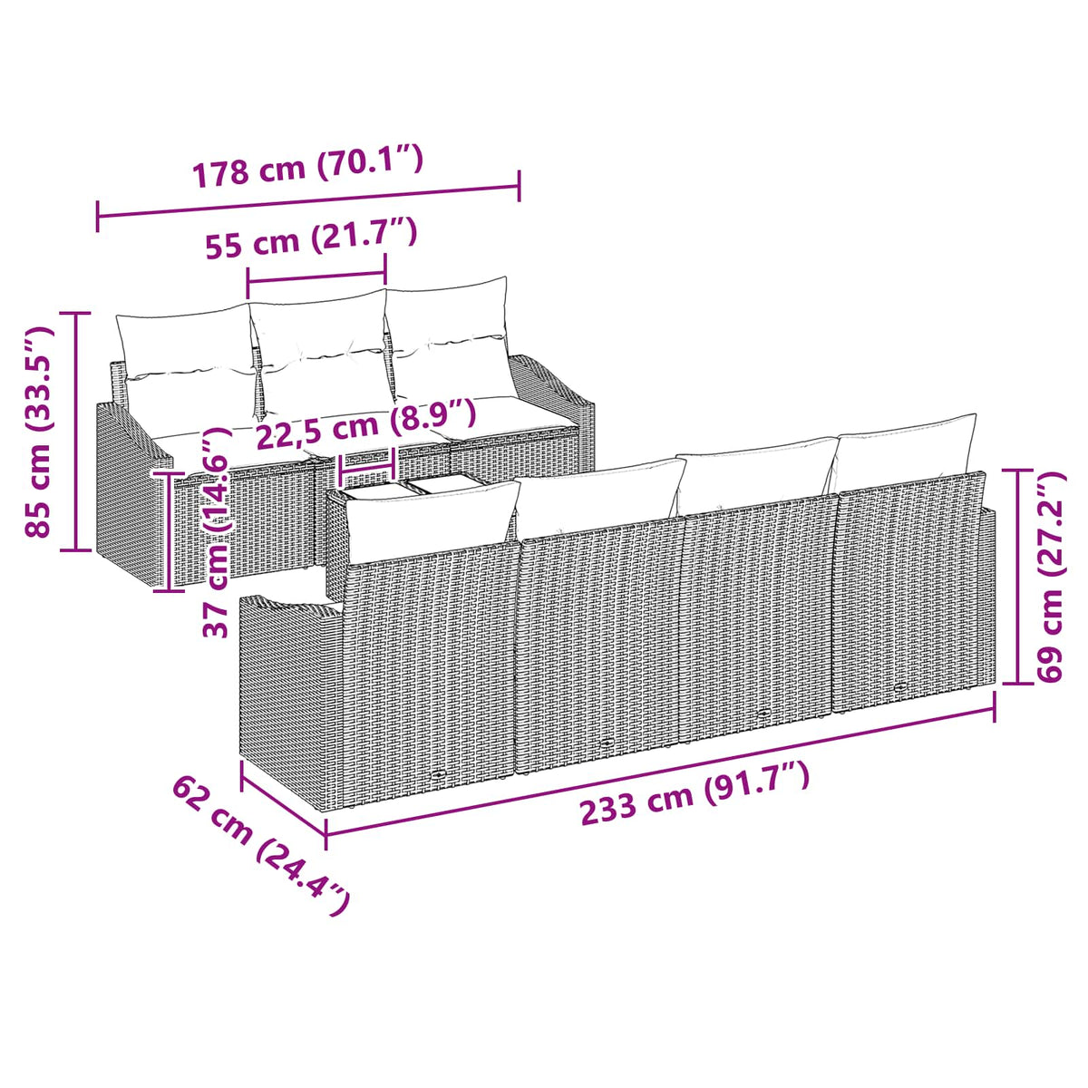 vidaXL Bankstel met kussen 8 pcs Zwart en Turquoise poly rattan