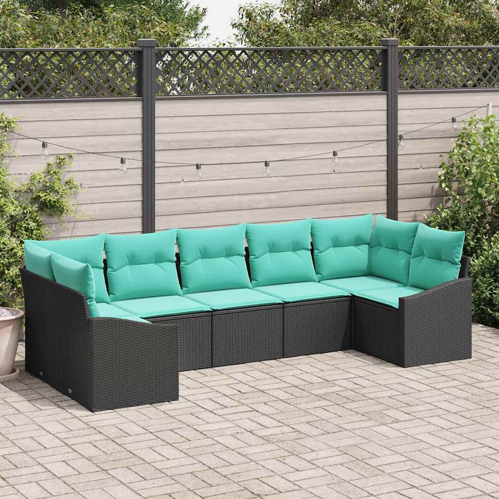 vidaXL Bankstel met kussen 7 pcs Zwart poly rattan