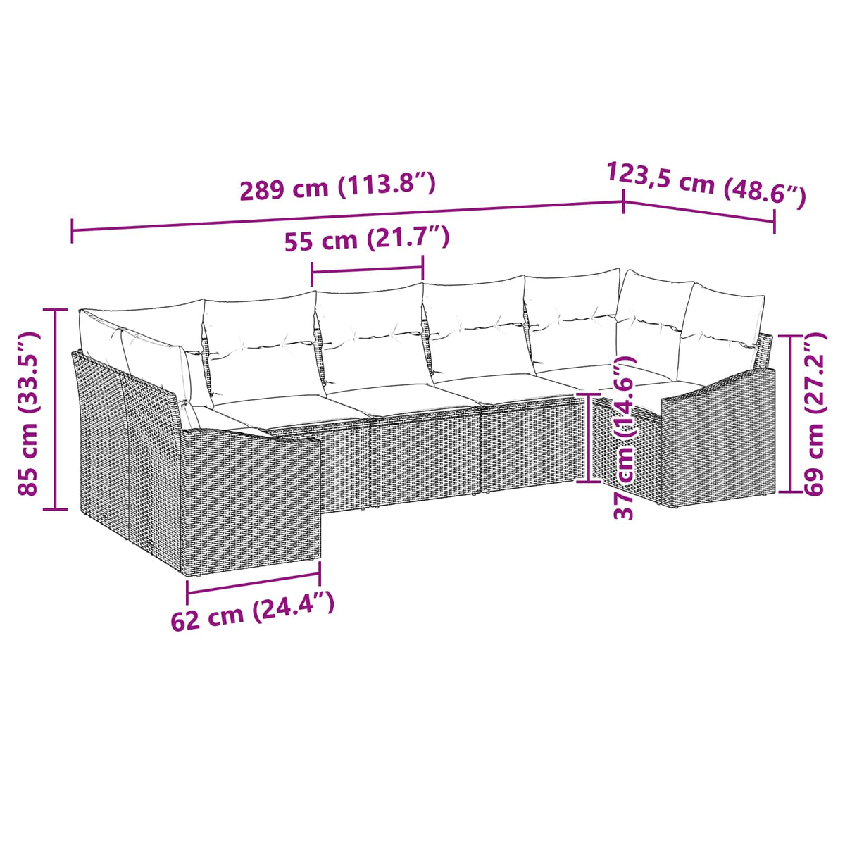 vidaXL Bankstel met kussen 7 pcs Zwart poly rattan