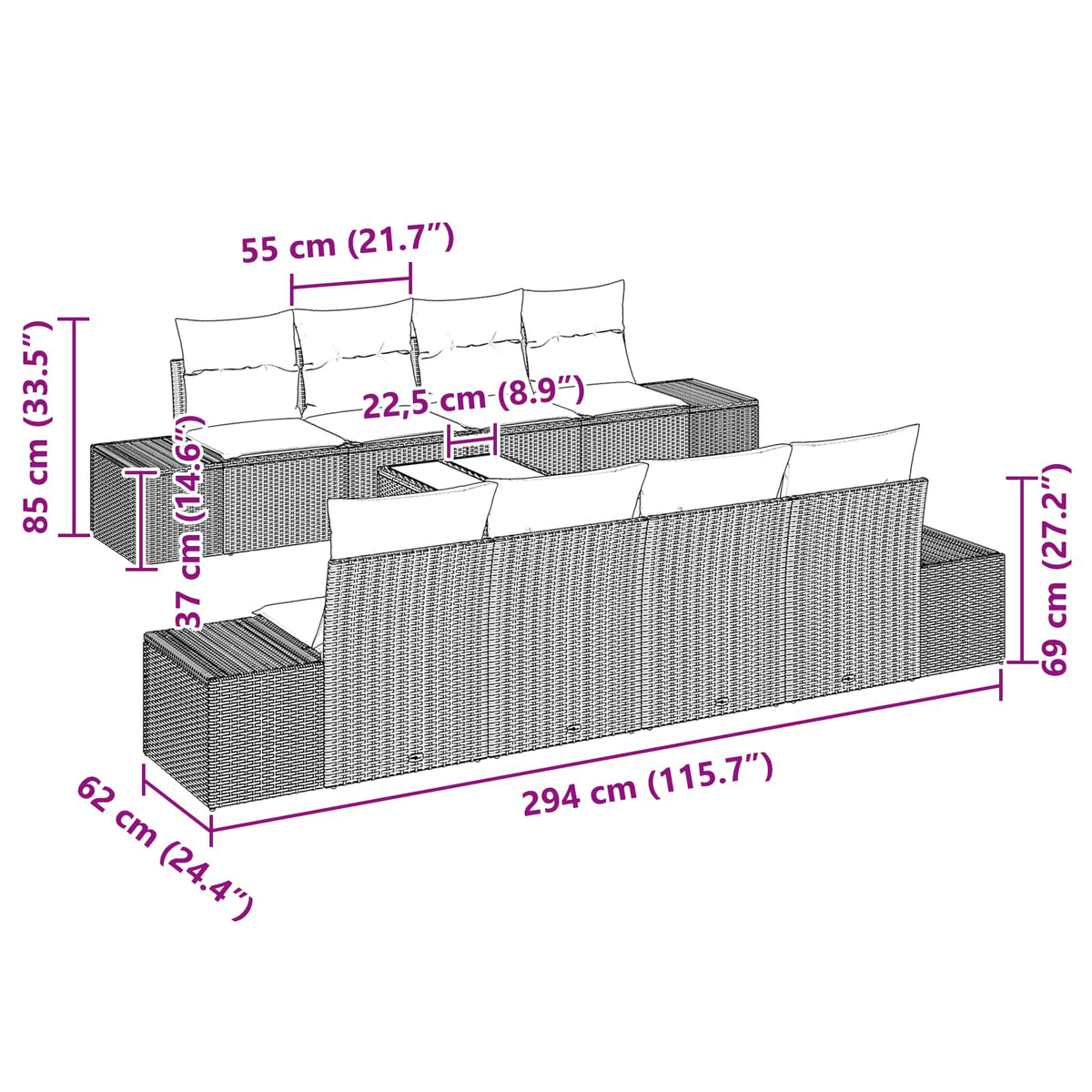 vidaXL Tuin Sofa Set met kussen 9 pcs Bruin poly rattan
