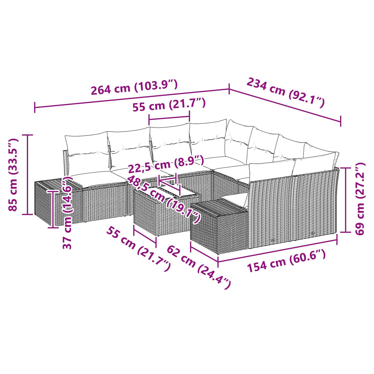 vidaXL Tuin Sofa Set met kussen 9 pcs Bruin poly rattan