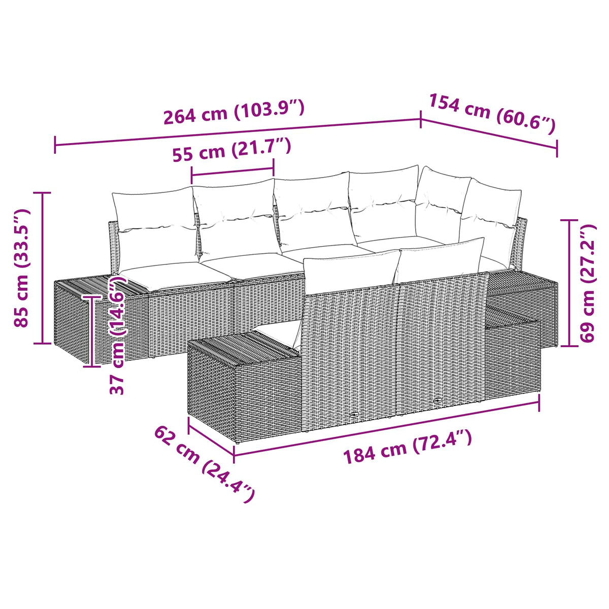 vidaXL Tuin Sofa Set met kussen 7 pcs Bruin poly rattan