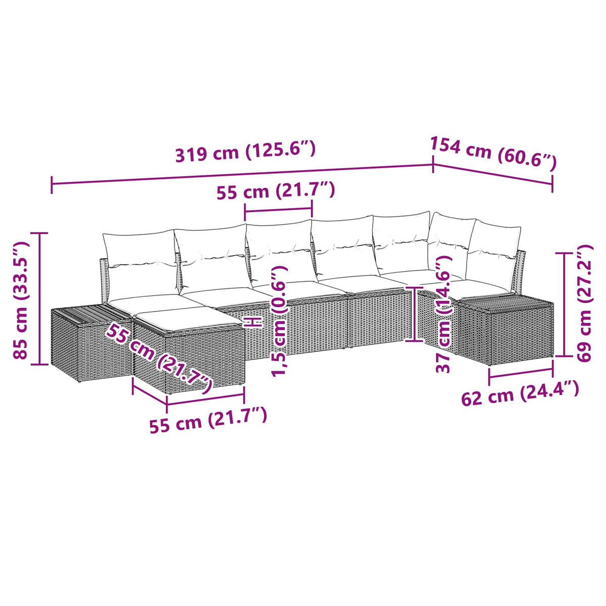 vidaXL Tuin Sofa Set met kussen 7 pcs Bruin poly rattan