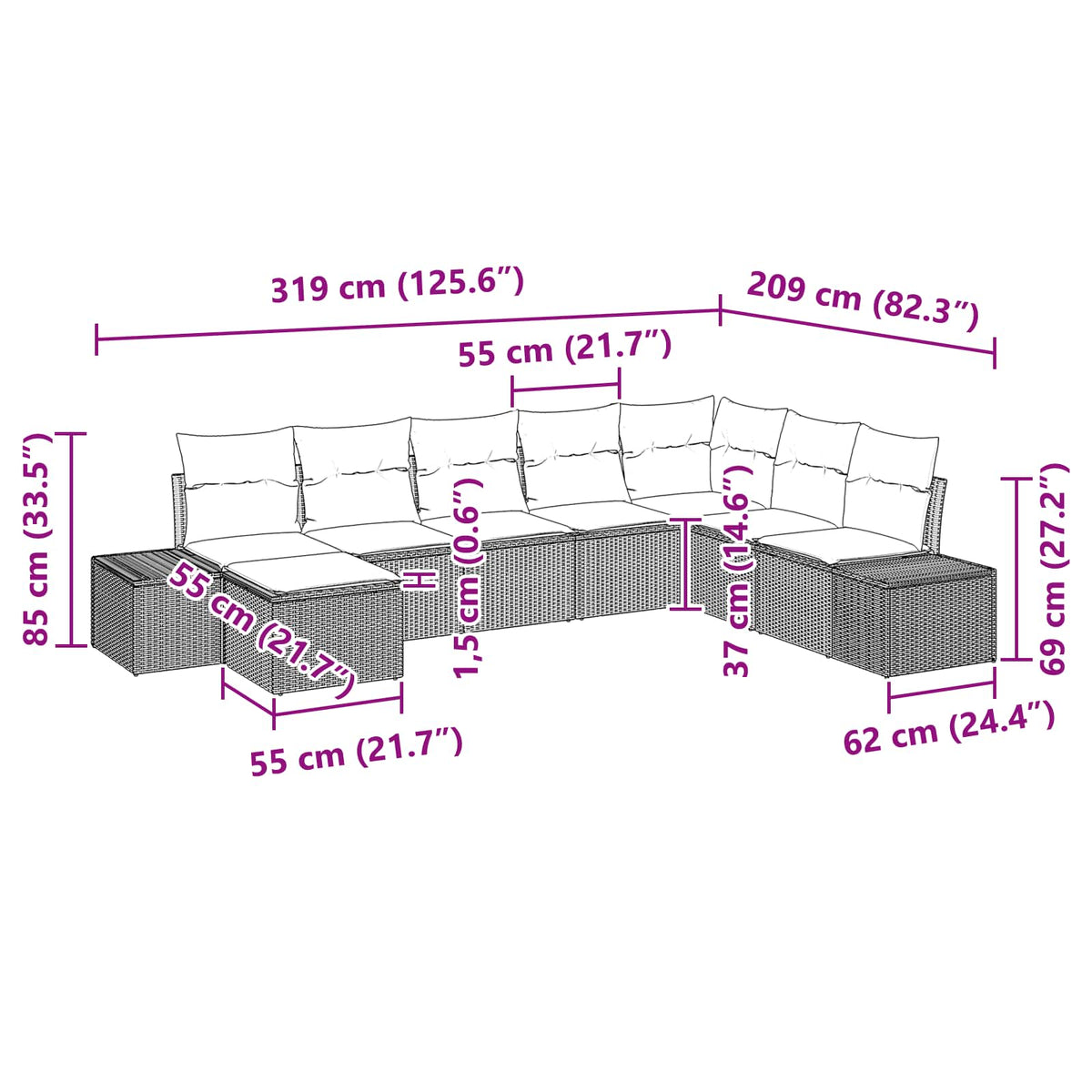 vidaXL Tuin Sofa Set met kussen 8 pcs Bruin poly rattan