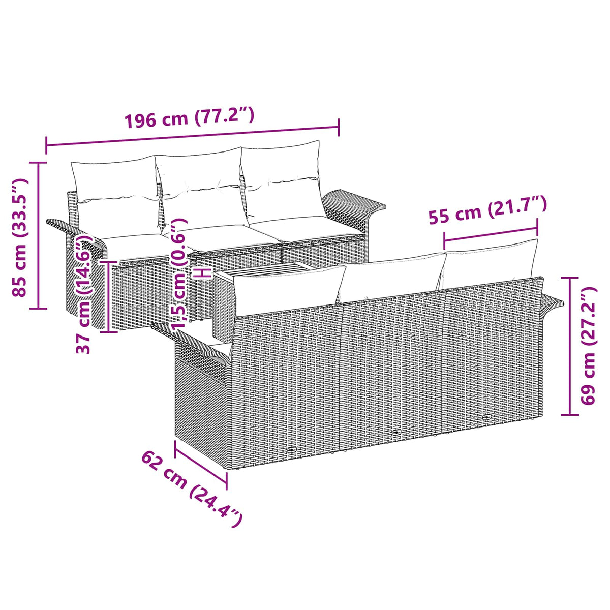 vidaXL Tuinbankenset met kussen 7 pcs Zwart poly rattan