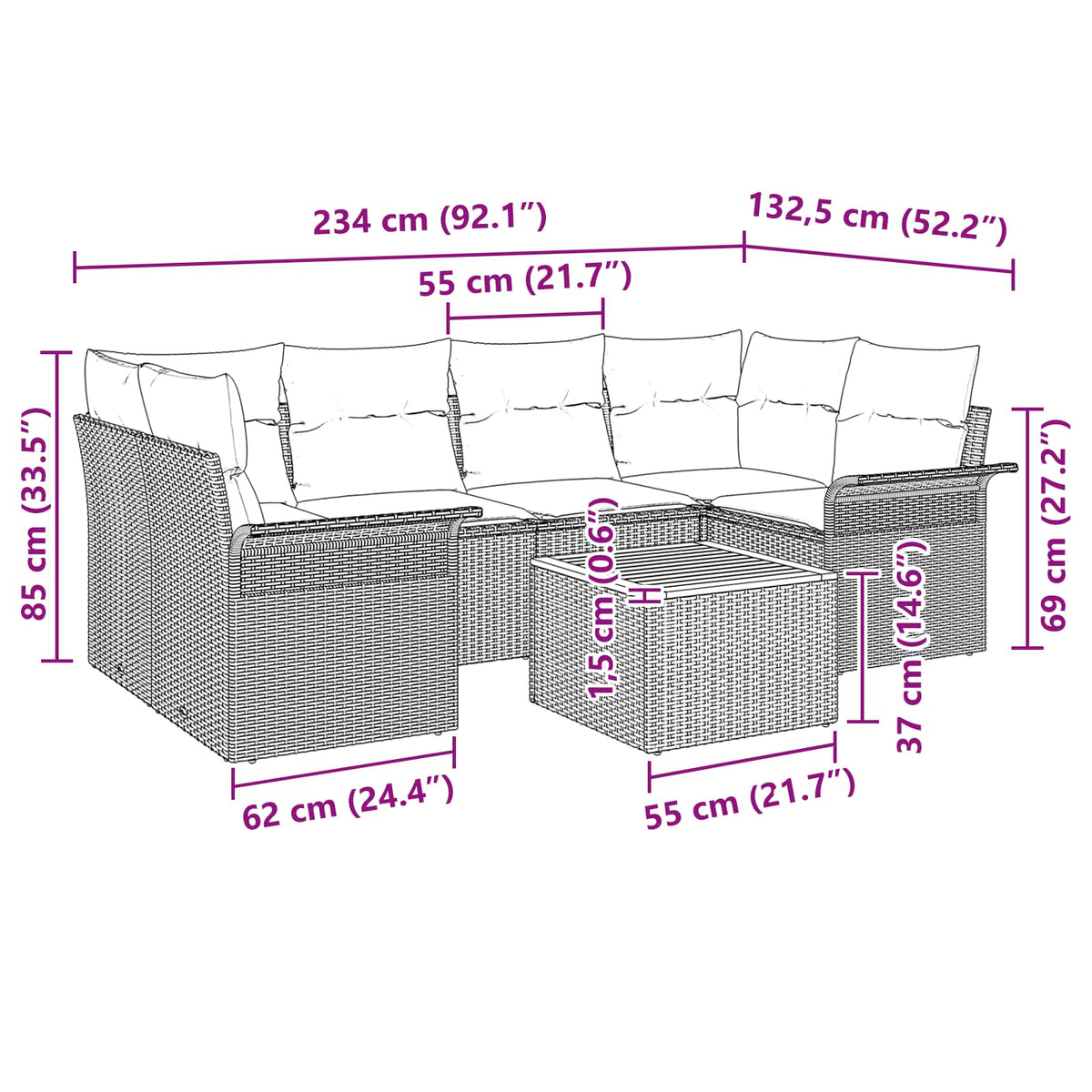 vidaXL Tuinbankenset met kussen 7 pcs Zwart poly rattan