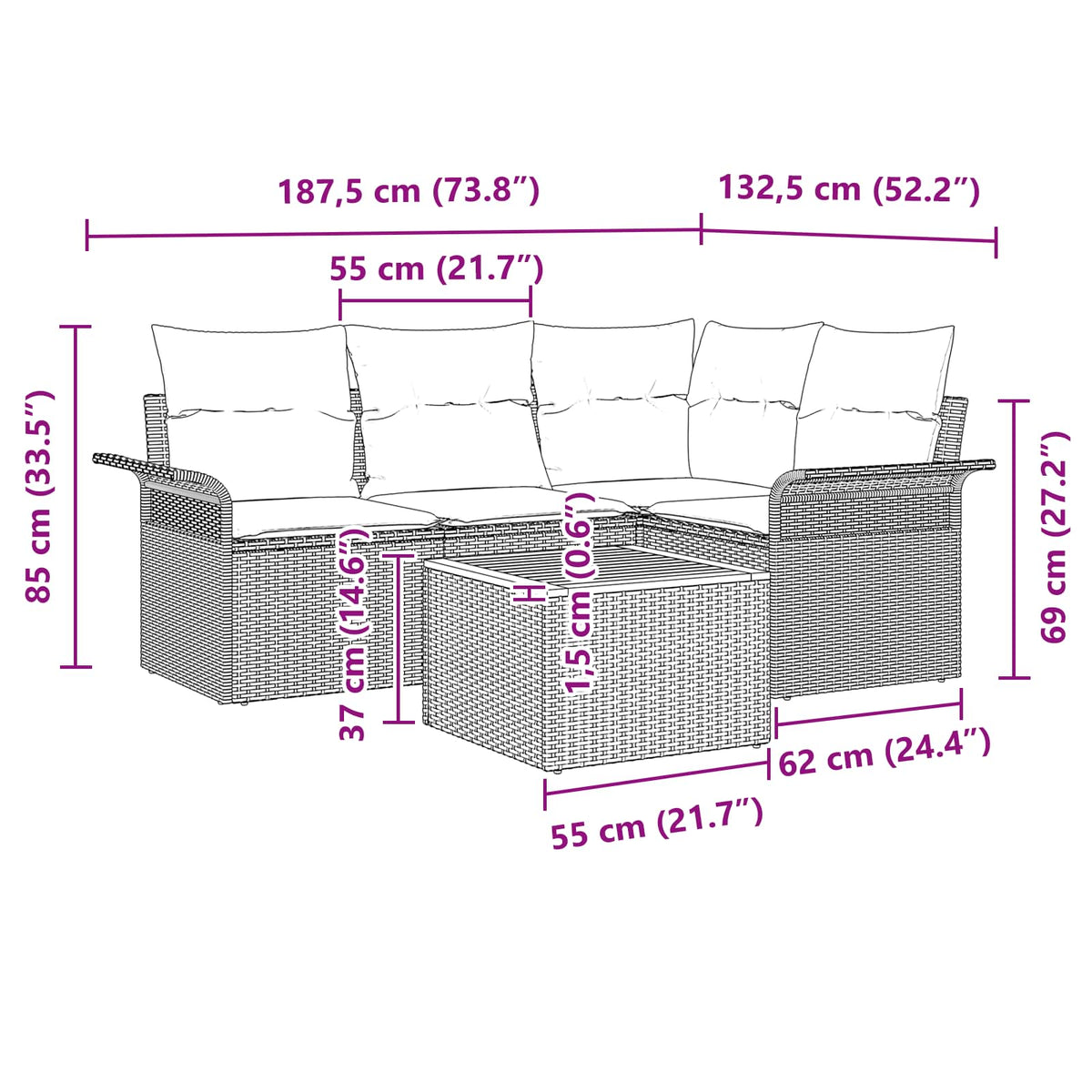 vidaXL Tuinbankenset met kussen 5 pcs Zwart poly rattan