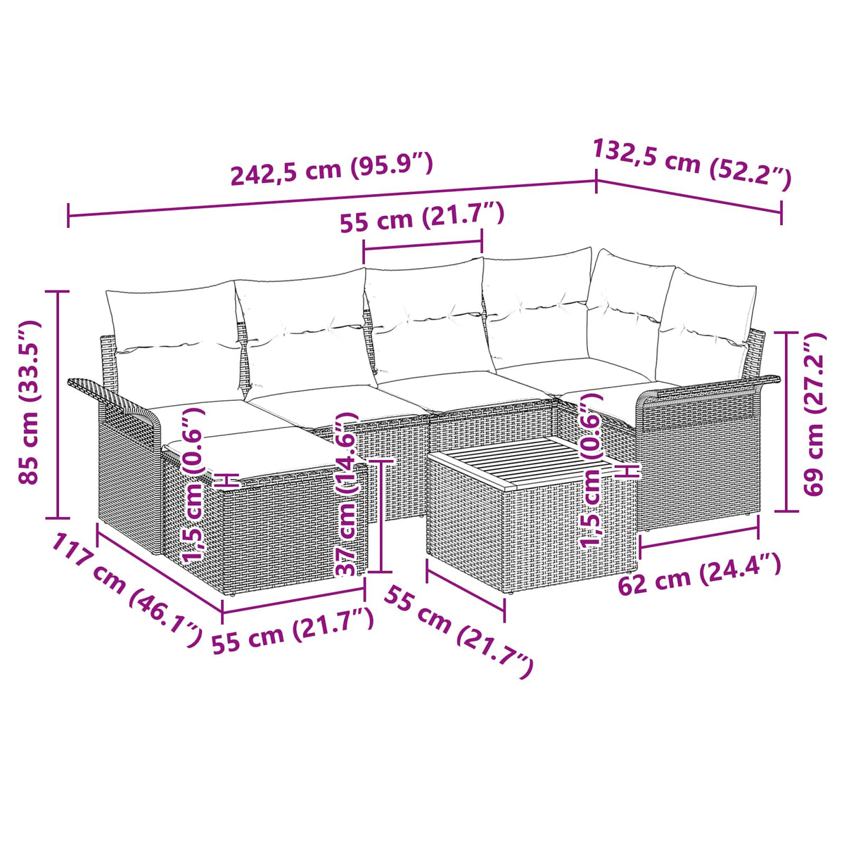 vidaXL Tuinbankenset met kussen 7 pcs Zwart poly rattan