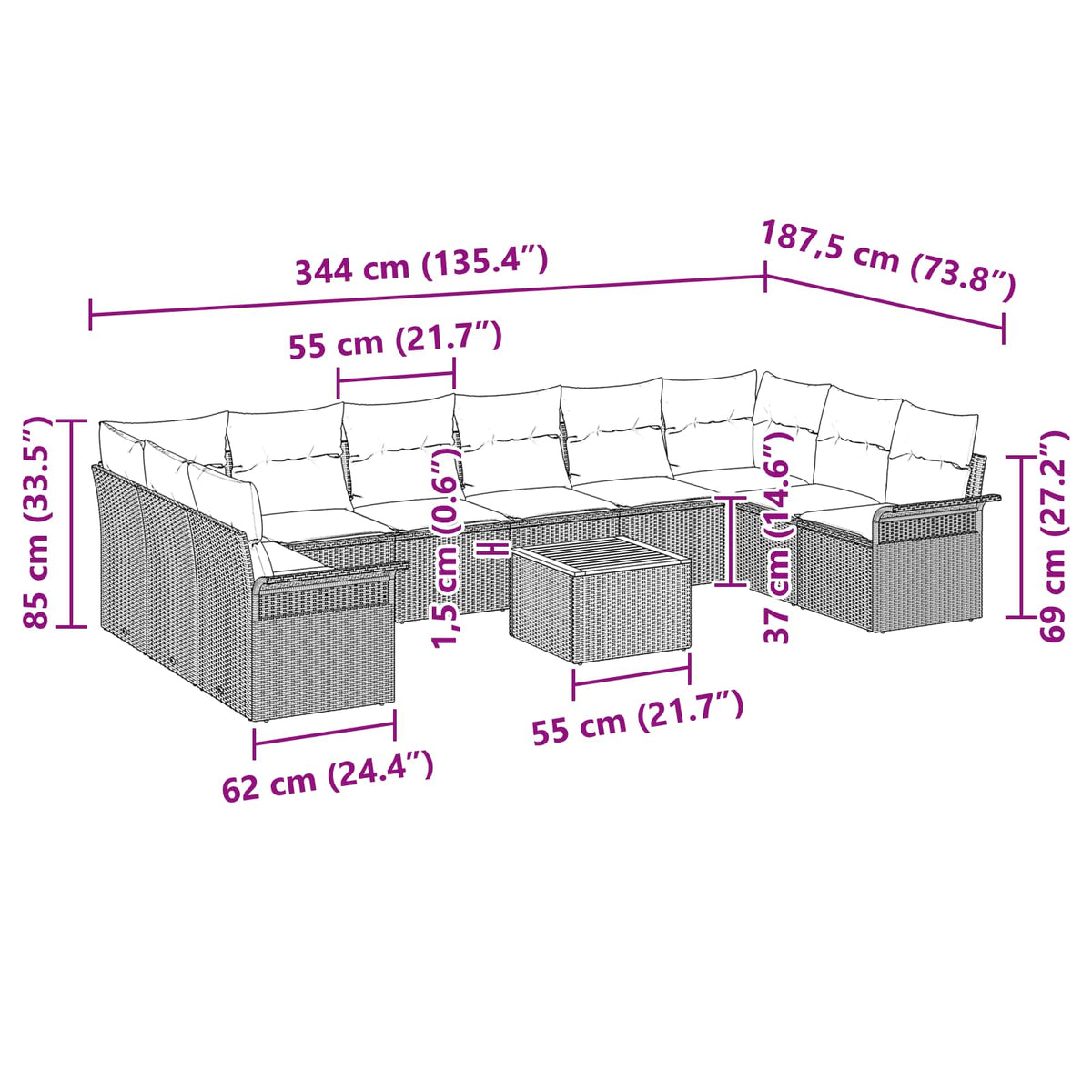 vidaXL Tuinbankenset met kussen 11 pcs Zwart poly rattan