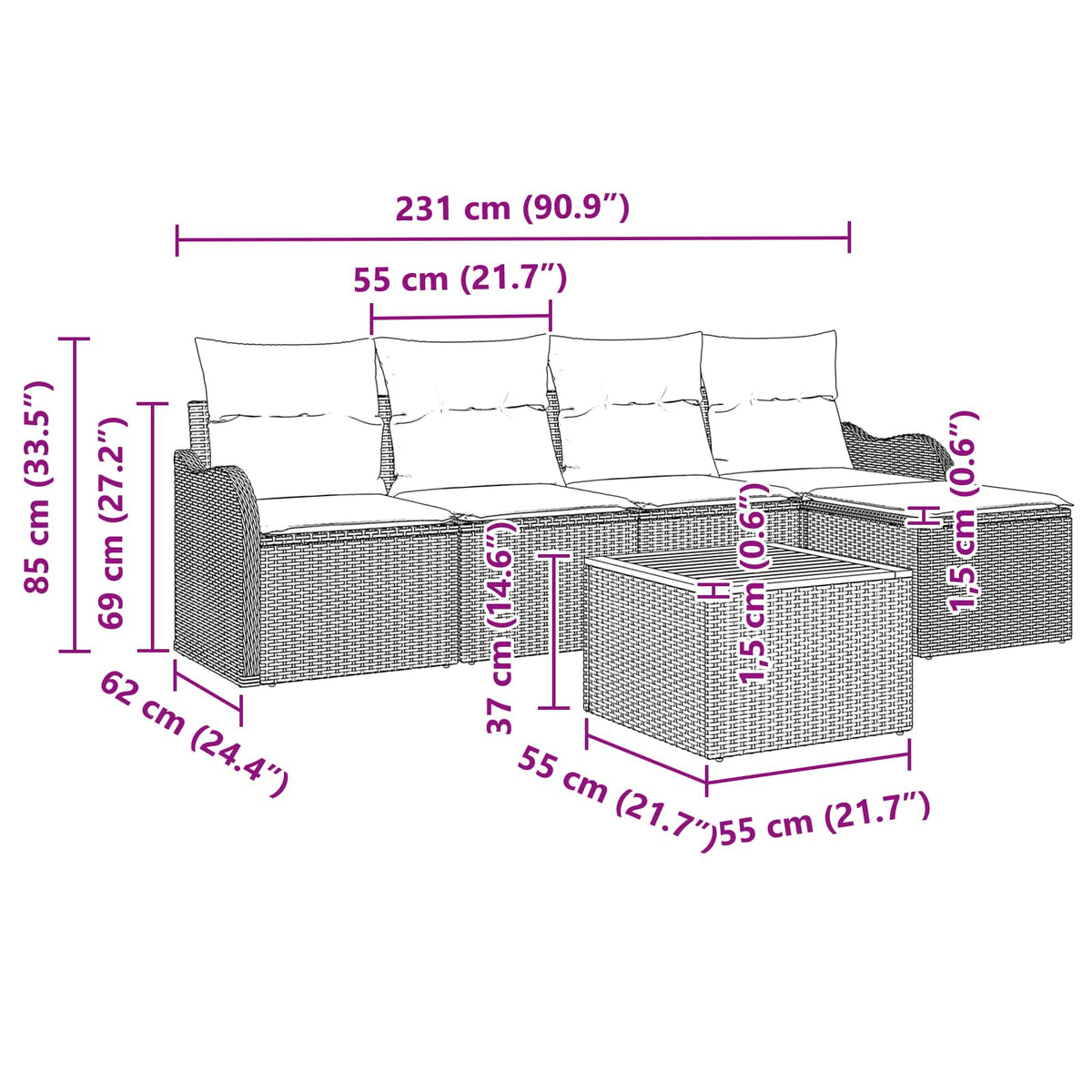 vidaXL Tuinbankenset 6 st Grijs poly rattan