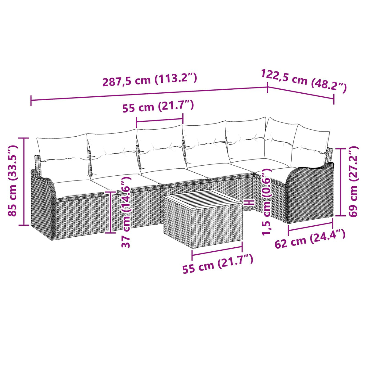 vidaXL Tuinbankenset 7 st Grijs poly rattan