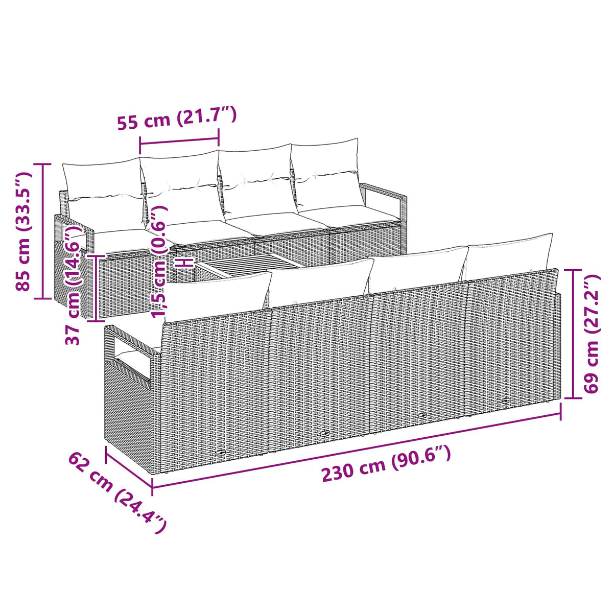 vidaXL Tuinbankenset met kussen 9 pcs Grijs poly rattan