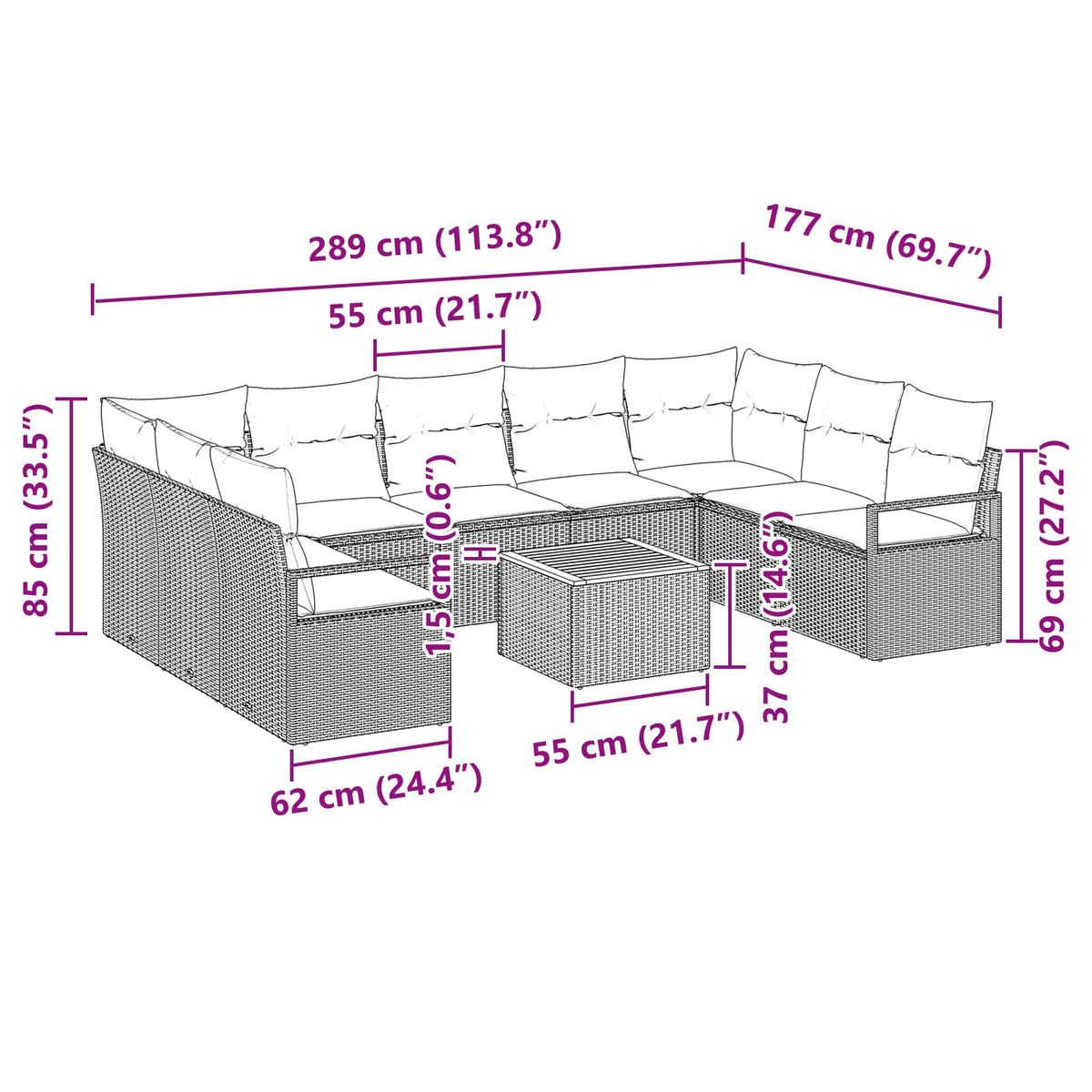 vidaXL Tuinbankenset met kussen 10 pcs Grijs poly rattan