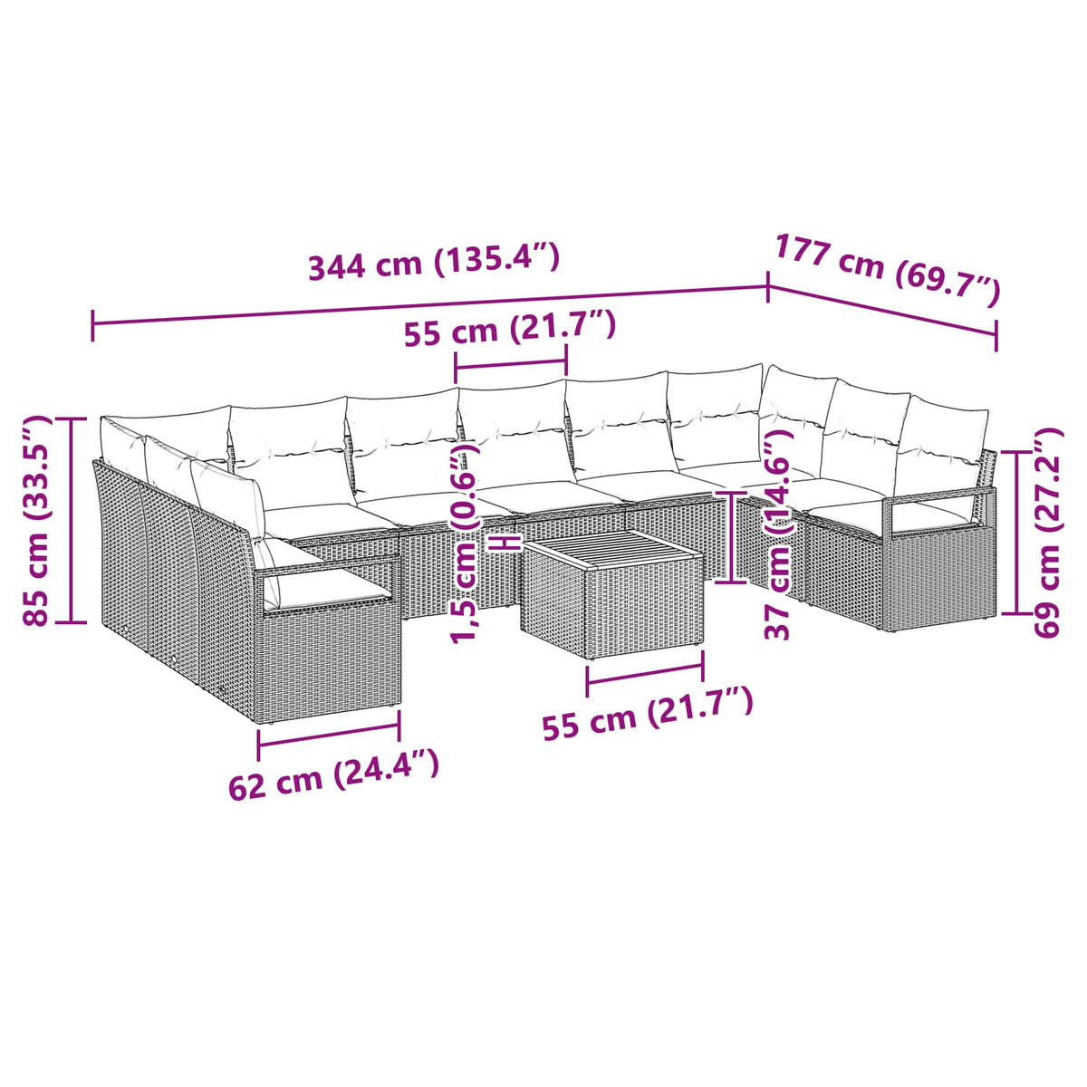 vidaXL Tuinbankenset met kussen 11 pcs Grijs poly rattan