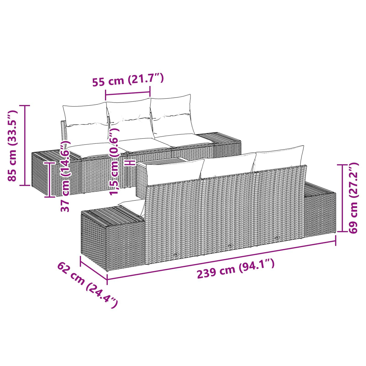 vidaXL Tuinbankenset 7 st Zwart poly rattan