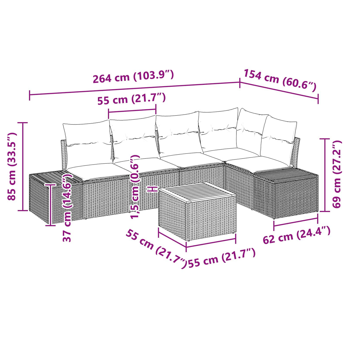 vidaXL Tuinbankenset met kussen 6 pcs Zwart poly rattan