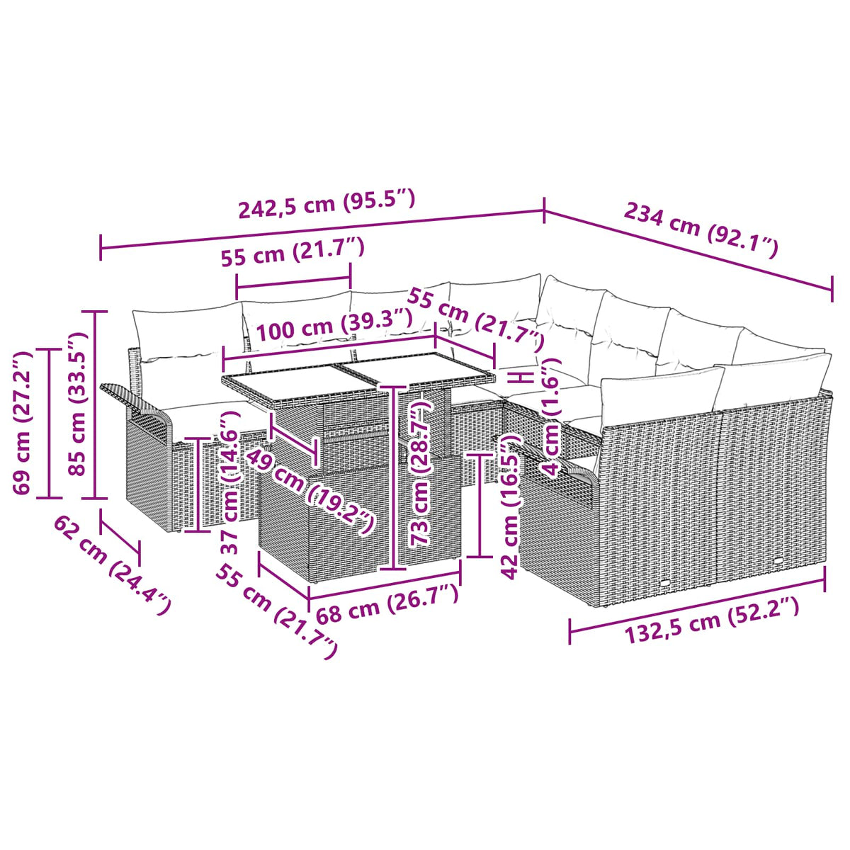 vidaXL Tuin Sofa Set met kussen 9 pcs Zwart Poly riet