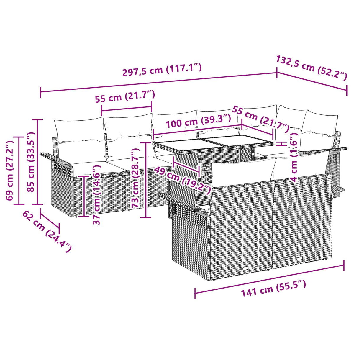 vidaXL Tuin Sofa Set met kussen 9 pcs Zwart Poly riet