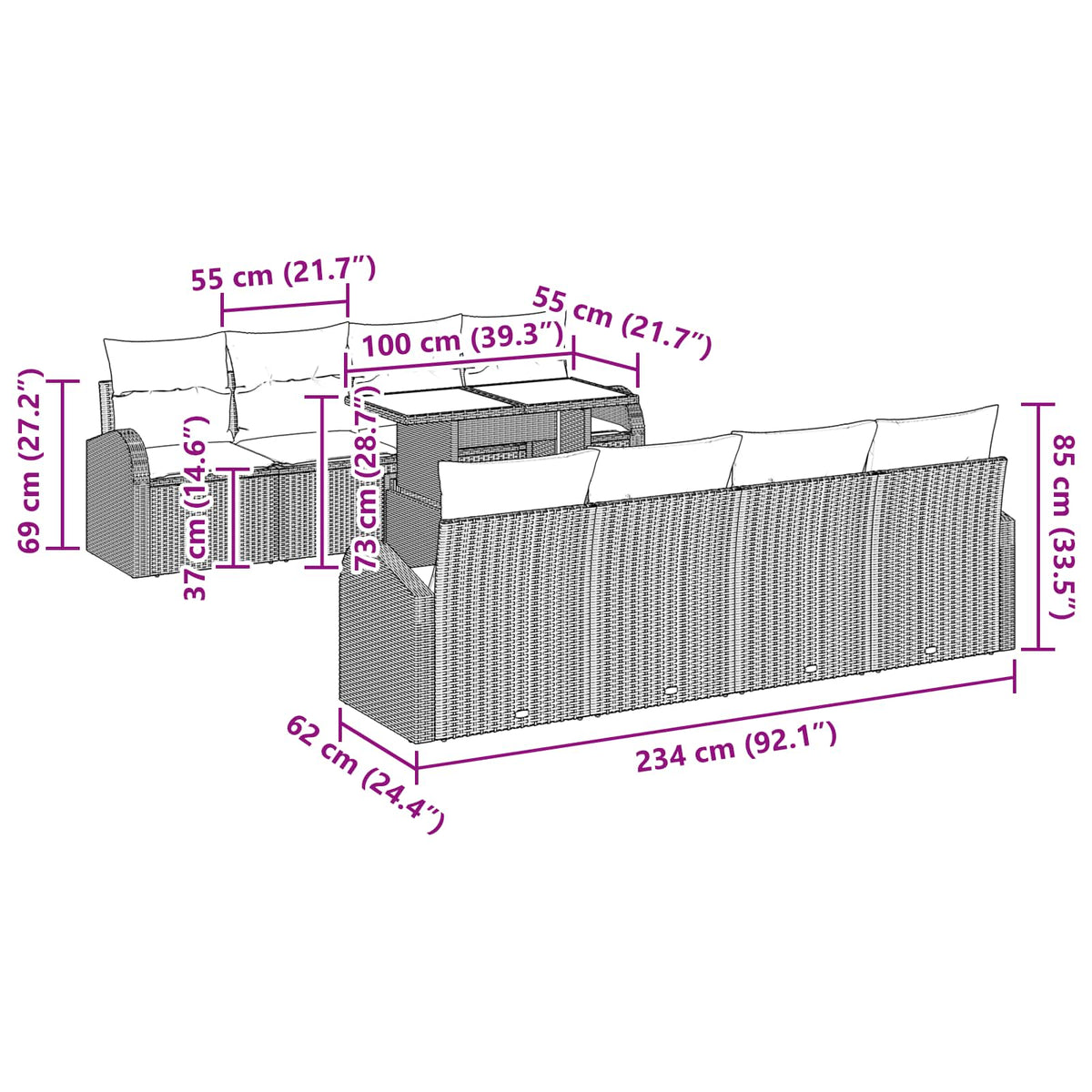 vidaXL Tuin Sofa Set met opslag 9 pcs Bruin poly rattan